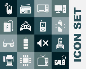 Set Cinema camera, Telephone, Broken battery, Microwave oven, Wireless gamepad, Power bank with charge cable, computer mouse and Music player icon. Vector