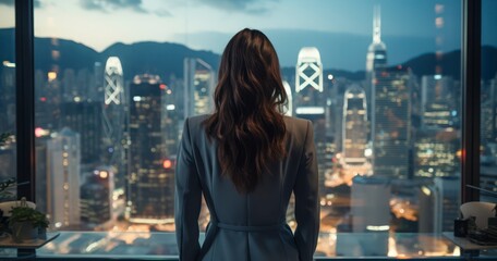 Fototapeta na wymiar Visionary Vista - Unrecognizable face. Business woman looks at the city of skyscrapers from the office. Generative AI