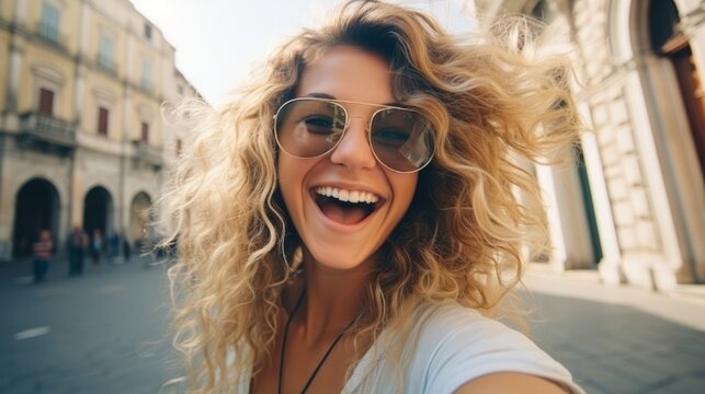 Smiling cheerful travel vlogger influencer streaming online lives to his followers during his journey travel in beautiful urban downtown travel destination travel ideas concept