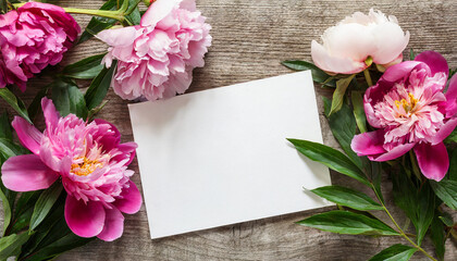 Greeting or invitation card and peony flowers