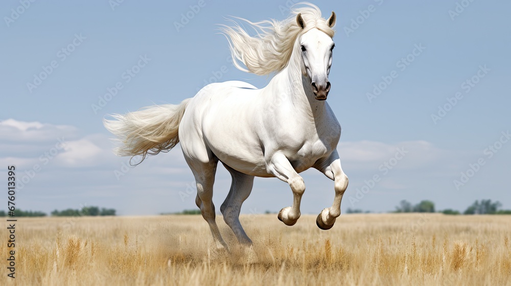 Poster a white horse is galloping through a field of tall grass with a blue sky in the background and a few