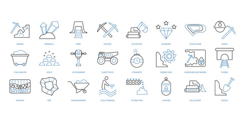 Mining icons set. Set of editable stroke icons.Vector set of Mining