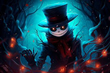 A creepy snowman with glowing eyes and a top hat. Generative AI