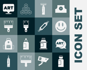 Set Paint, gouache, jar, dye, Speech bubble with text art, Smile face, Marker pen, brush, and icon. Vector
