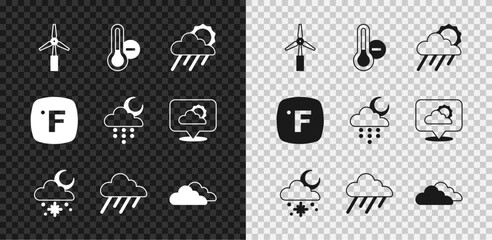 Set Wind turbine, Meteorology thermometer, Cloud with rain and sun, snow, Fahrenheit and moon icon. Vector - obrazy, fototapety, plakaty