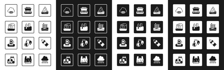 Set Iceberg, Rise in water level, Glacier melting, CO2 emissions cloud, House flood, Coal train wagon, Bottle of and Petrol or gas station icon. Vector