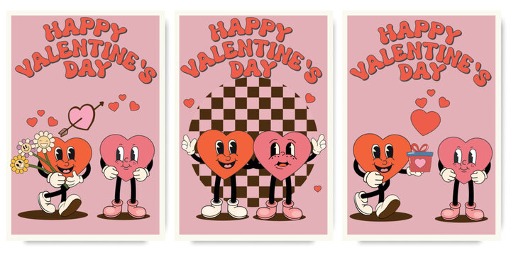 Groovy lovely hearts posters with love character . Love concept. Happy Valentines day greeting card. Funky background in trendy retro 60s 70s cartoon style. Vector illustration