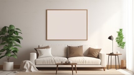 Warm and cozy interior of living room space with brown sofa, pouf, beige carpet, lamp, mock up poster frame, decoration, plant and coffee table. Cozy home decor. Template