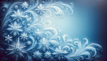 Fototapeta na wymiar Frost-like patterns stretching across a winter-blue background, with the edges kept free for text or other elements. 