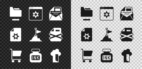 Set Document folder, Browser setting, Mail and e-mail, Shopping cart, Inkwell, Cloud database, settings and Mountains with flag on top icon. Vector