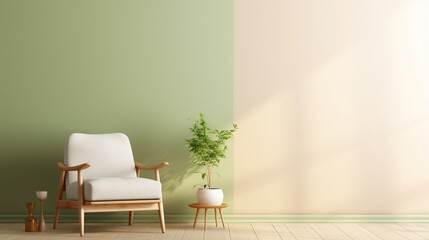 White color wall mock up in warm tones with green armchair and decoration minimal.3d rendering