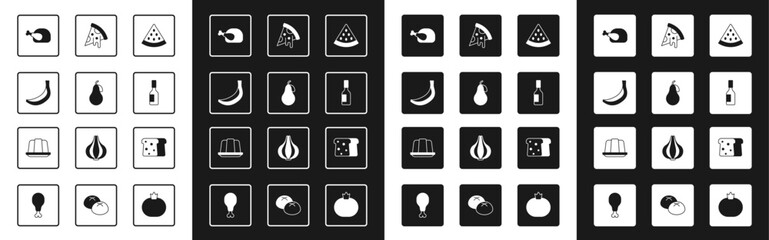 Set Watermelon, Pear, Banana, Roasted turkey or chicken, Tabasco sauce, Slice of pizza, Bread toast and Jelly cake icon. Vector