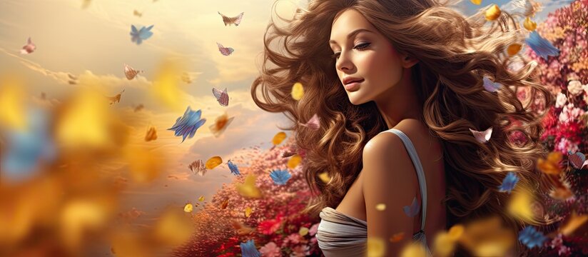 In the background of a vibrant city a woman with flowing hair stood among a garden of blooming flowers captivating the attention of people passing by with her summer fashion and natural bea