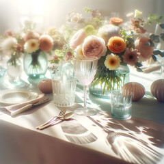 Pastel colors and soft light reflections create a welcoming and relaxed New Year's brunch scene. 