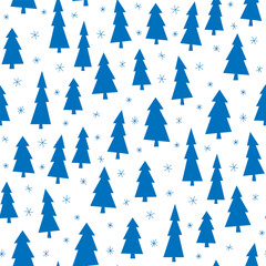 Fototapeta premium Small blue Christmas trees and snowflakes isolated on a white background. Cute monochrome holiday seamless pattern. Vector simple flat graphic illustration. Texture.