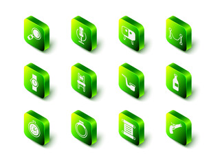 Set Microphone, TV table stand, Rope barrier, Bottle of wine, Vintage pistol, Smoking pipe, Papyrus scroll and Gold ring icon. Vector