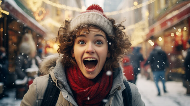 Ai generated image with a surprised woman on the street with christmas decorations 