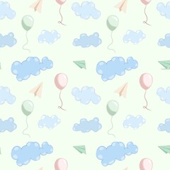 Seamless pattern with delicate children's illustration. Heavenly illustration for textiles, wallpaper, gift wrapping