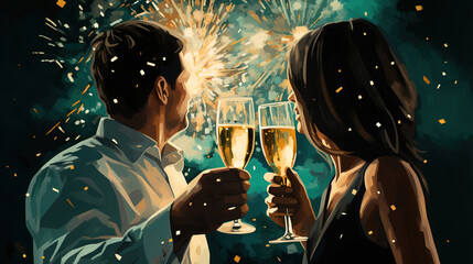 Illustration of sparkling champagne toast on emerald green background. Merry Christmas and Happy New Year concept