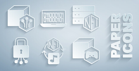 Set NFT Digital crypto art, blockchain technology, Cyber security, Binary code and icon. Vector