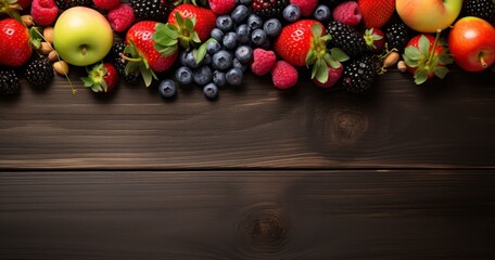 An Aerial Perspective on Fresh Produce - Fruits, vegetables and berries on wood floor background. Generative AI