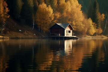 Fototapeta premium Little cottage on a lake in autumn