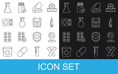 Set line Awareness ribbon, Map pointer with cross hospital, Syringe, Medicine pill or tablet, Test tube and flask, Hospital signboard, and Doctor appointment icon. Vector