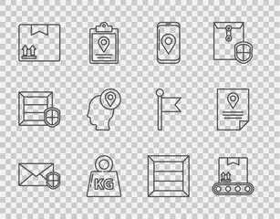Set line Envelope with shield, Conveyor belt cardboard box, Mobile app delivery tracking, Weight, Cardboard traffic symbol, Delivery man boxes, Wooden and Document marker system icon. Vector