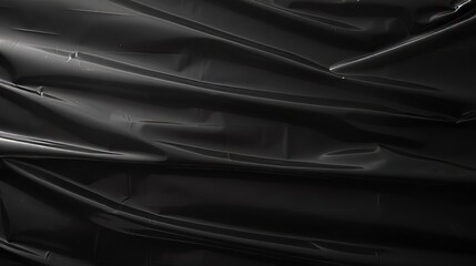 Realistic plastic wrap texture on black background. Wrinkled packaging - obrazy, fototapety, plakaty