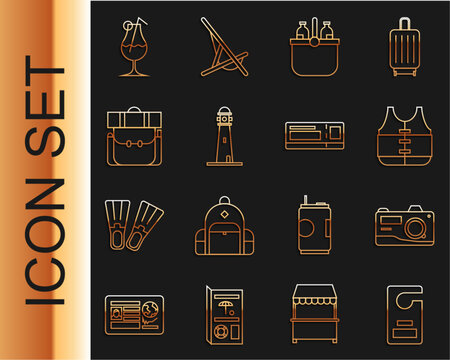 Set line Please do not disturb, Photo camera, Life jacket, Cooler bag and water, Lighthouse, Hiking backpack, Cocktail alcohol drink and Travel ticket icon. Vector