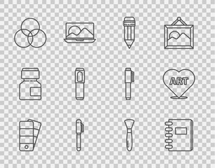 Set line Palette, Spiral notebook, Pencil with eraser, RGB and CMYK color mixing, Marker pen, Paint brush and Heart text art icon. Vector