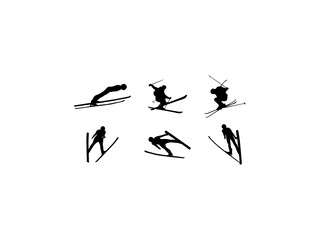 Set of Ski Jump Silhouette in various poses isolated on white background