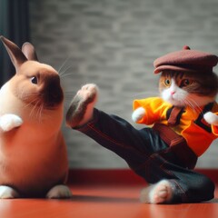 A little bunny and a cat fight with kung fu moves.