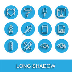 Set line Ruler, Crossed ruler and pencil, Heart with Bezier curve, Red eye effect, Magic wand, AE file document and Eraser or rubber icon. Vector