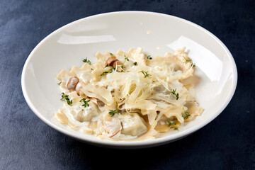 ravioli with parmesan on the dark background