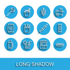 Set line Thermos container, Cocktail, Lollipop, Street stall with awning, Nachos plate, Chicken leg package box, Chocolate bar and Grilled shish kebab icon. Vector