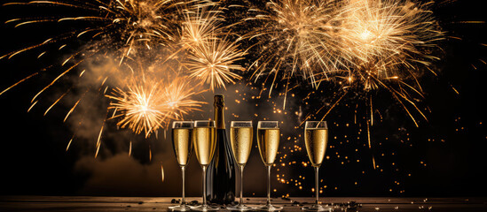 fireworks in the sky and champagne for celebration - obrazy, fototapety, plakaty