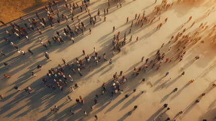 Aerial View: Crowd of People Walking on Urban Road