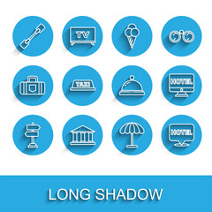 Set line Road traffic sign, Museum building, Paddle, Sun protective umbrella for beach, Location hotel, Taxi car roof, Online booking and Hotel service bell icon. Vector