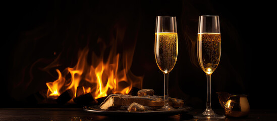 glasses of champagne and a fireplace