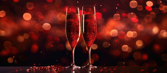 glasses of champagne on red background