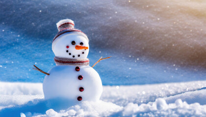 Fototapeta premium Small snowman on soft snow with copy space