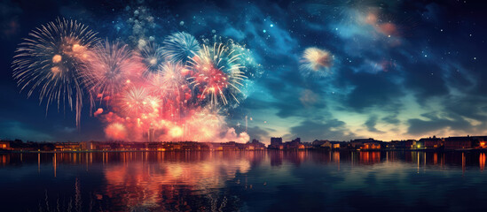 fireworks over lake - obrazy, fototapety, plakaty