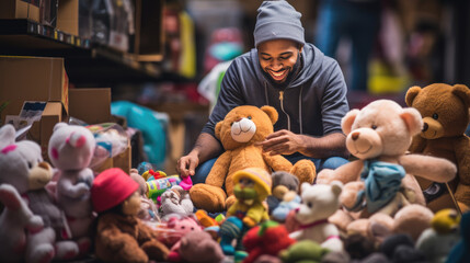A joyful child with a wide smile is surrounded by boxes filled with colorful stuffed toys