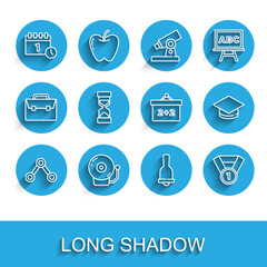 Set line Molecule, Ringing alarm bell, Calendar first september date, Medal, Old hourglass with sand, Graduation cap and Chalkboard icon. Vector