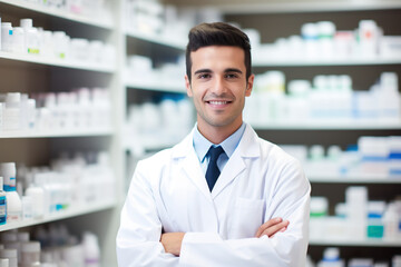 Fototapeta na wymiar cheerful pharmacy employee standing with arms crossed in front of shelves full of medicine