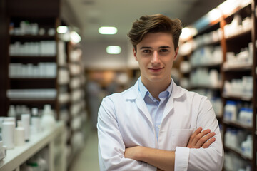 cheerful pharmacy employee standing with arms crossed in front of shelves full of medicine