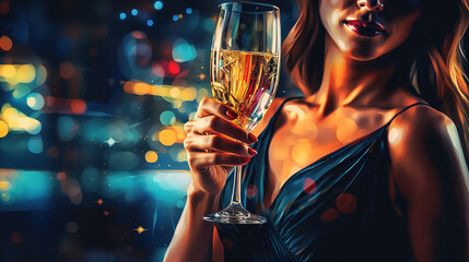 Woman holding glass of champagne on blurred bokeh background. Christmas and New Year celebration concept