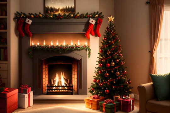 Beautiful cozy fireplace, stockings and festive tree. Concept of holiday warmth and tradition