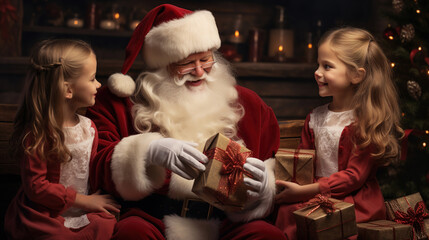 Santa Claus giving presents to little children. Merry Christmas and Happy New Year concept